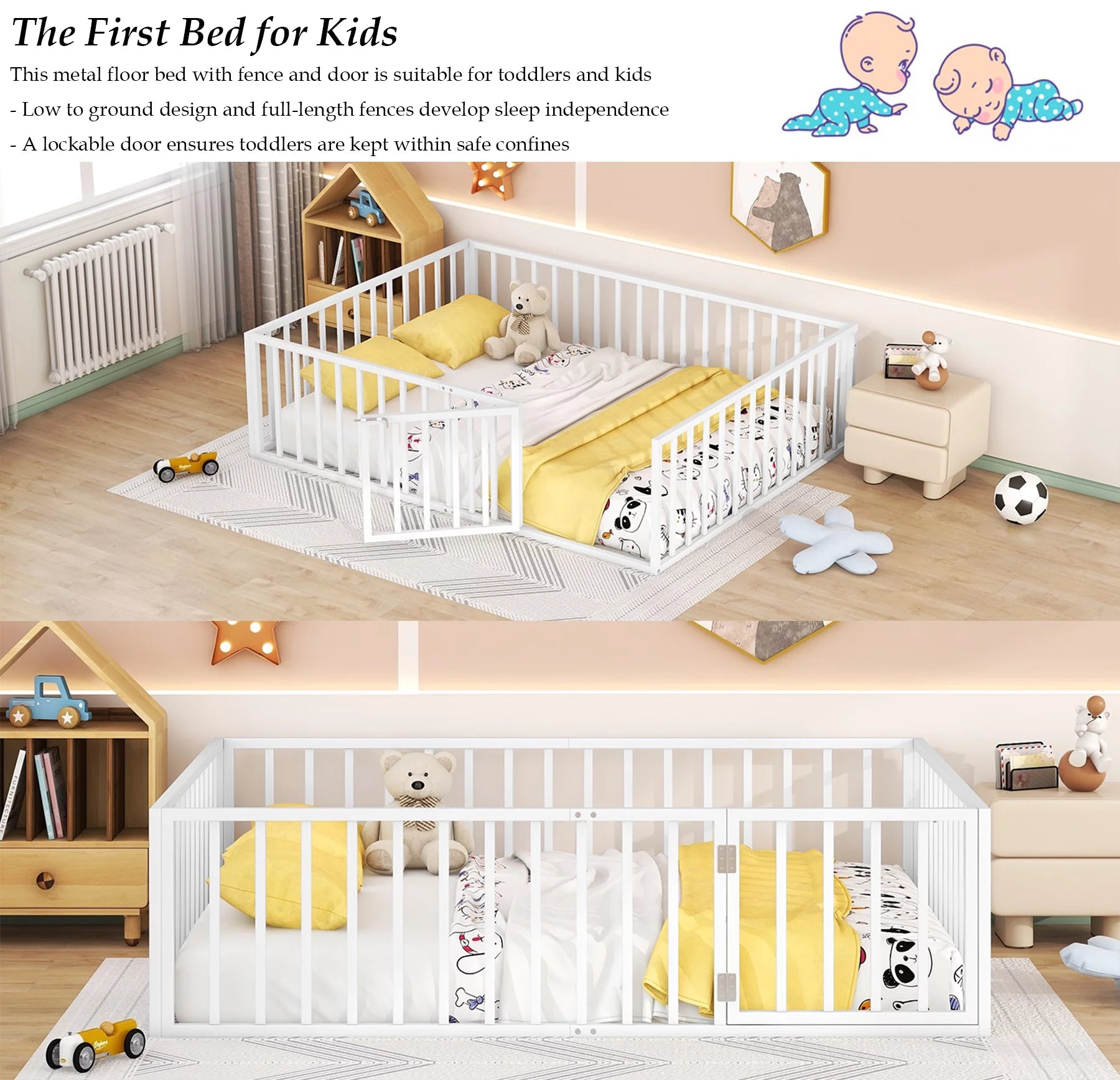 Bellemave Queen Metal Floor Bed with Fence Rails and Lockable Door, White N142