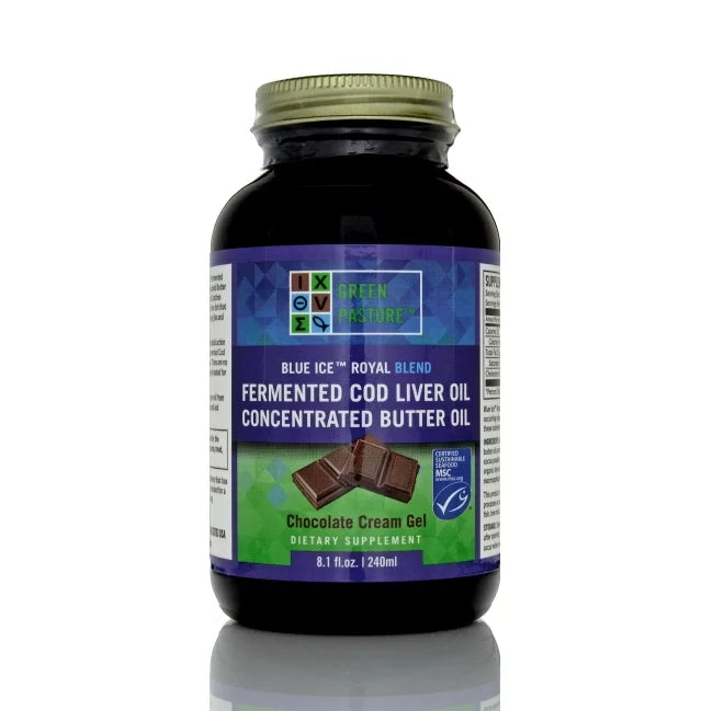 Green Pasture Fermented Cod Liver Oil and Butter Oil Gel, Chocolate Cream, 6.4 oz V2009