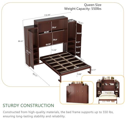 Polib Full Size Murphy Bed with Two Wardrobes and Storage Shelf, White S302797
