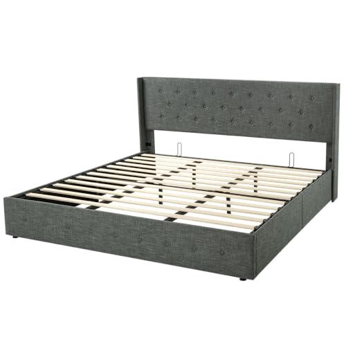 Allewie Full Size Lift Up Storage Bed with Wingback Headboard, Light Beige C85153
