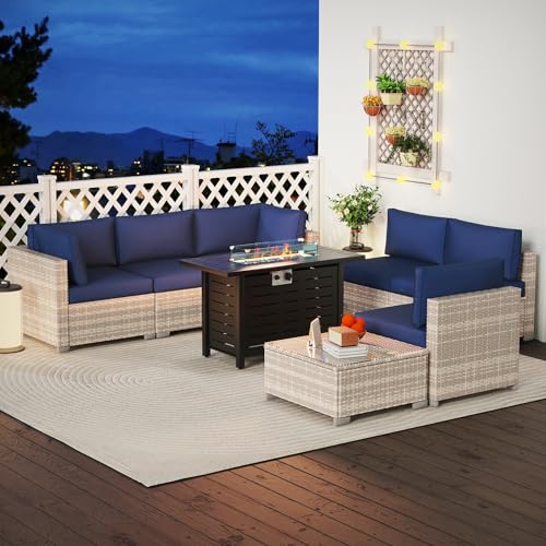 KIGOTY Patio Furniture Set 7 Pieces Outdoor Sectional Sofa with Cushions and Glass Coffee Table B60021