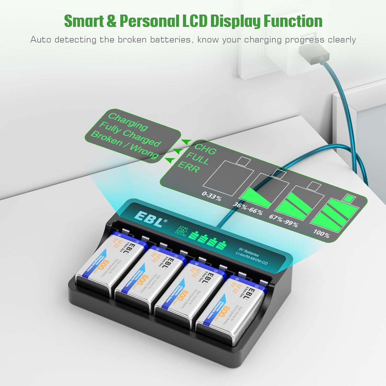 EBL 9V Li-ion Rechargeable Batteries 600mAh 4-Pack with LCD Smart Charger B9692