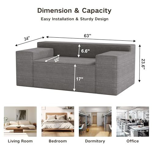 Modern Loveseat Sofa Couch in a Box with 2 Pillows, Cat-Scratch Resistant Linen, Grey F539394