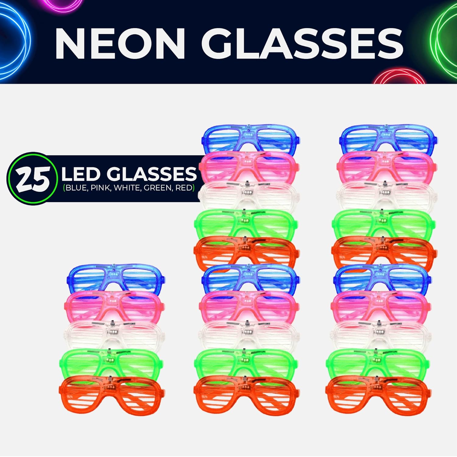 Toysery Neon LED Glasses Party Pack of 25 Glow in the Dark M751