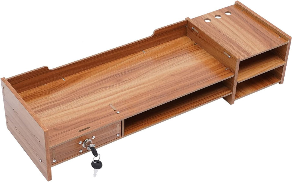 Monitor Stand Riser Desk Organize Laptop Stand with Drawers, Desktop Storage Organizer for Computer, Printer, Cellphone-Use in Office, Home/Reduce Neck &Eye Strain(Wood Color)