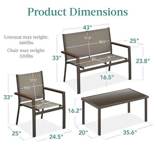 Best Choice Products 4-Piece Textilene Patio Conversation Set with Steel Frame, Taupe/Charcoal T8603