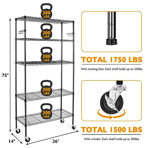 6 Tier Storage Shelves with Wheels, Heavy Duty Adjustable Metal Shelving Rack, Black T460