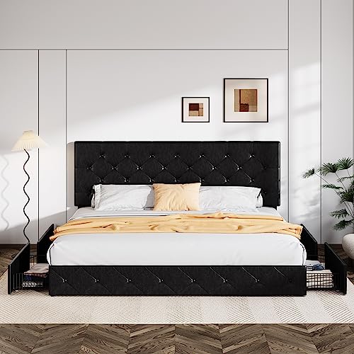 Allewie Upholstered Queen Platform Bed Frame with 4 Drawers and Headboard, Light Grey A922