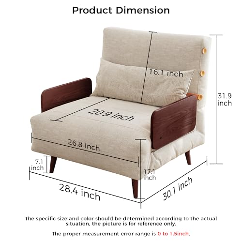 Convertible Chair Bed Sleeper for Adults with Wooden Arms, Linen G638