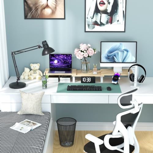 Dual Monitor Stand Wood Desk Organizer with Adjustable Length and Angle (Vintage) O519