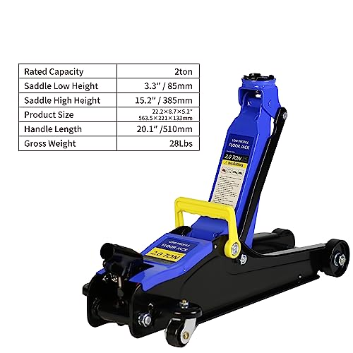 Pvillez Floor Jack, Heavy Duty Hydraulic Low Profile Steel Racing Jack, 2 Ton Capacity Blue H10635