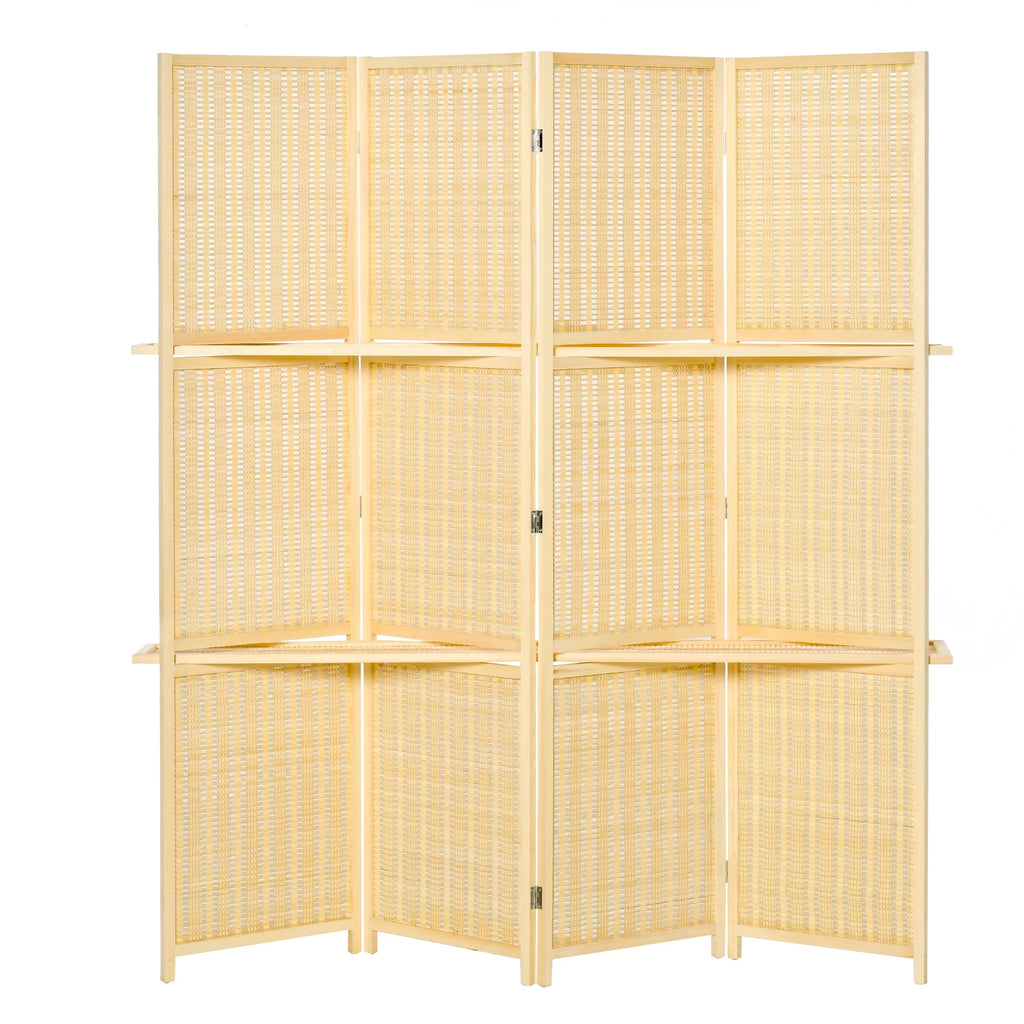 HOMCOM 4-Panel Folding Room Divider, 6 Ft Freestanding Bamboo Privacy Screen Panel with Storage Shelves for Bedroom or Office, Natural Wood Color