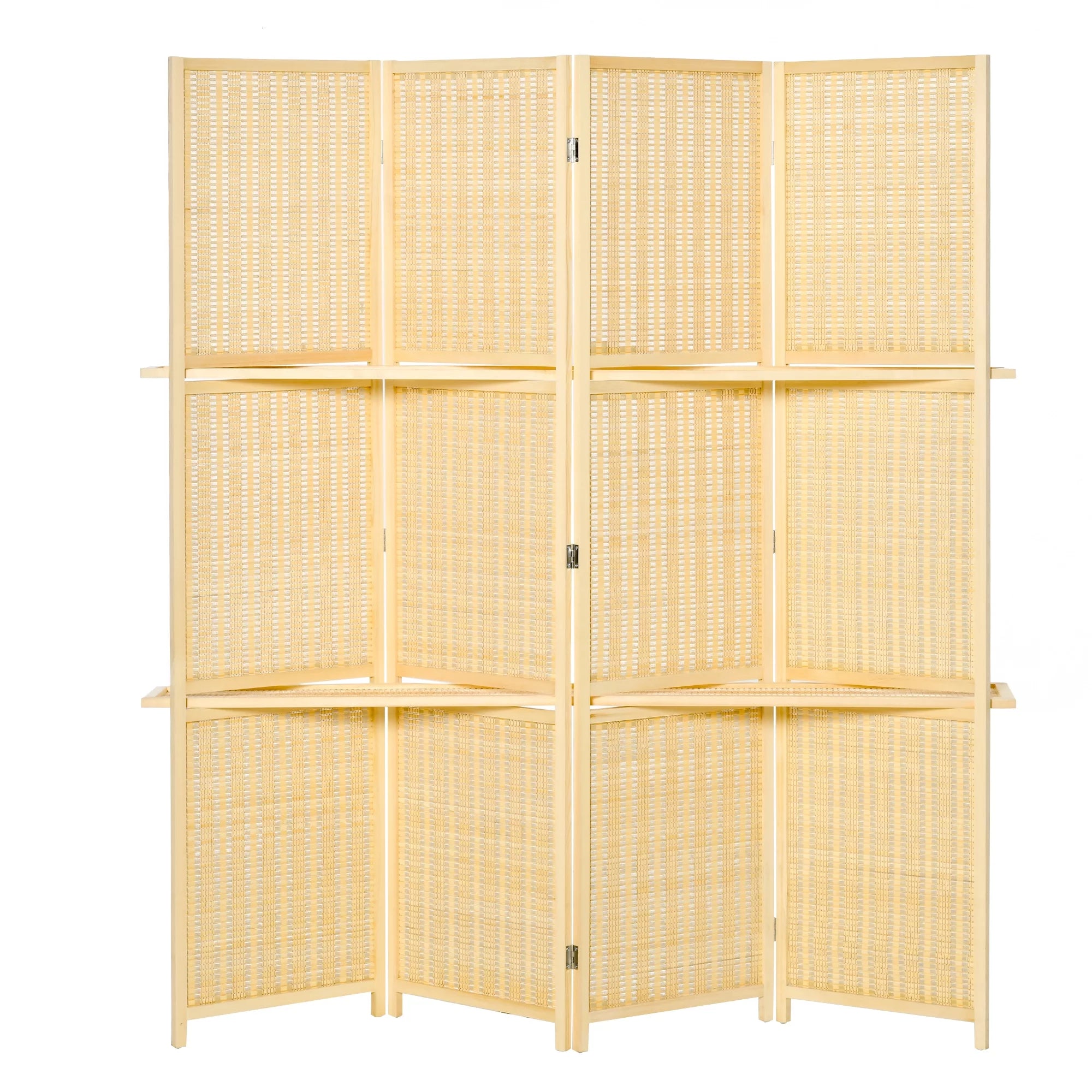 HOMCOM 4-Panel Folding Room Divider, 6 Ft Freestanding Bamboo Privacy Screen Panel with Storage Shelves for Bedroom or Office, Natural Wood Color