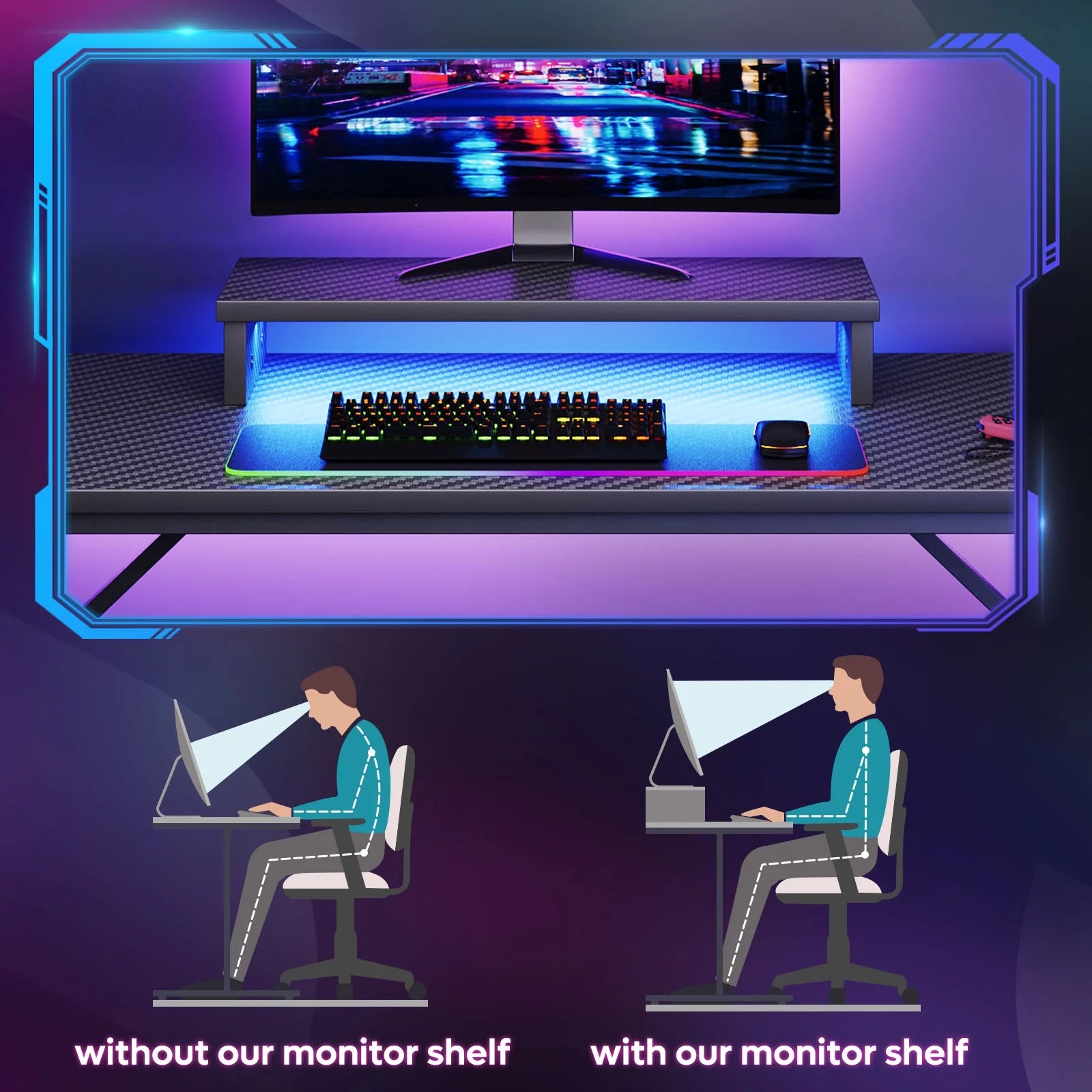 Bestier 42" Gaming Desk with LED Lights & Monitor Stand, Carbon Fiber Black B707