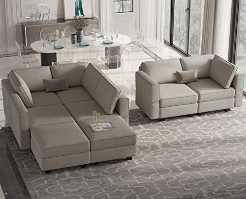Belffin Modular Velvet Sectional Sofa with Chaise Lounge and Storage, Grey T418154