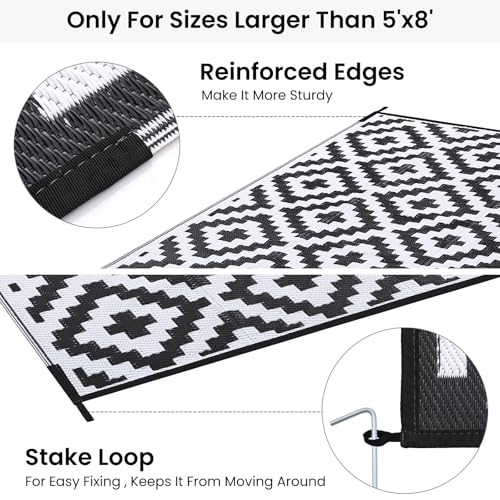 Smiry Waterproof Outdoor Rug 5x8 ft, Reversible Plastic Straw Patio Mat, Black & Beige P20186