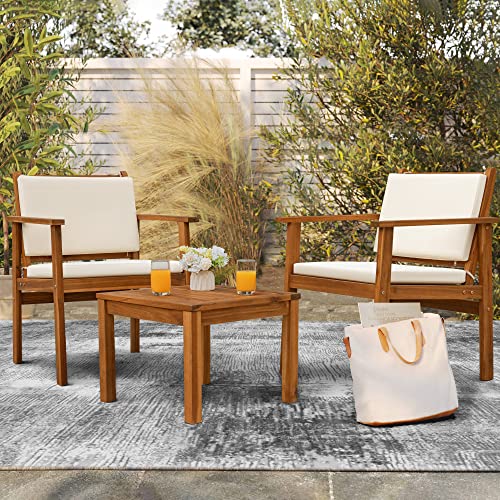 Flamaker 3 Piece Acacia Wood Patio Furniture Set with Coffee Table & Cushions B730