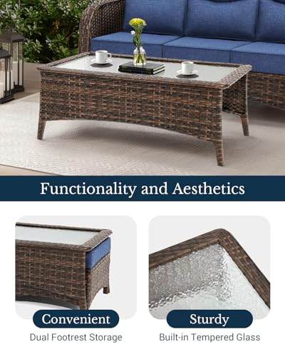 Luxury Patio Furniture Set 7PCS Wicker Conversation Set with Blue Cushions J5390