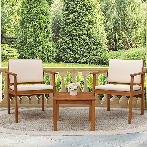 Flamaker 3 Piece Acacia Wood Patio Furniture Set with Coffee Table & Cushions B730