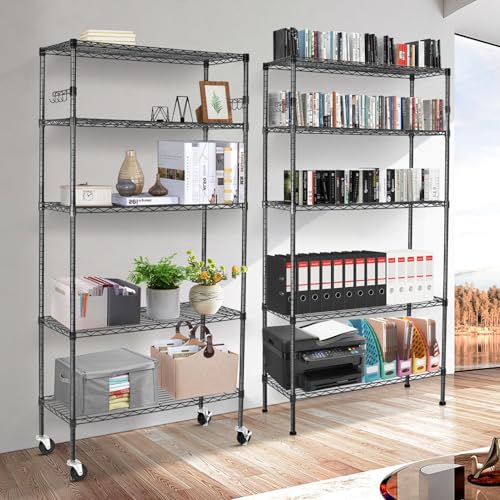 6 Tier Storage Shelves with Wheels, Heavy Duty Adjustable Metal Shelving Rack, Black T460