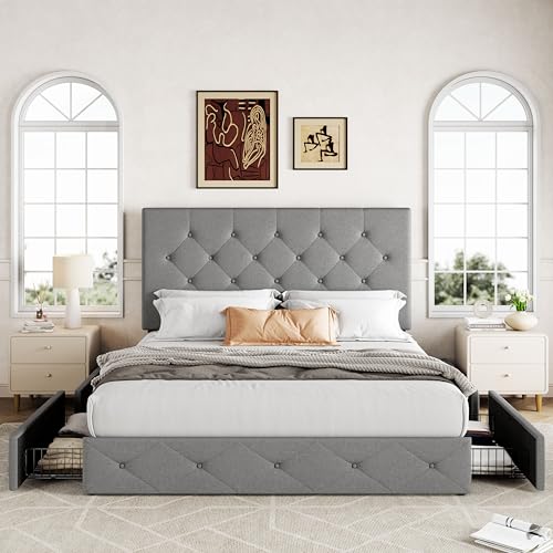 Allewie Upholstered Queen Platform Bed Frame with 4 Drawers and Headboard, Light Grey A922