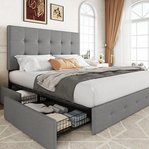 Allewie Upholstered Queen Platform Bed Frame with 4 Drawers and Headboard, Light Grey A922