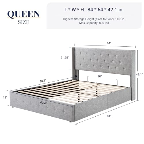 Allewie Full Size Lift Up Storage Bed with Wingback Headboard, Light Beige C85153