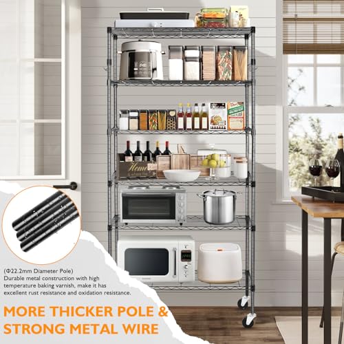 6 Tier Storage Shelves with Wheels, Heavy Duty Adjustable Metal Shelving Rack, Black T460
