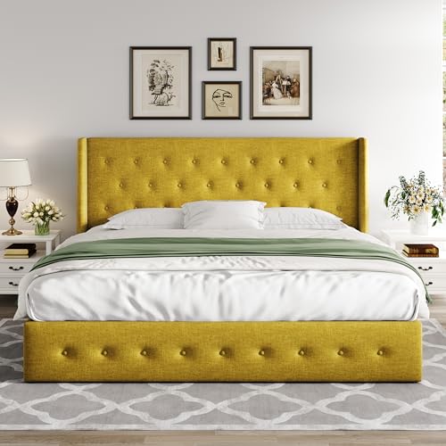 Allewie Full Size Lift Up Storage Bed with Wingback Headboard, Light Beige C85153