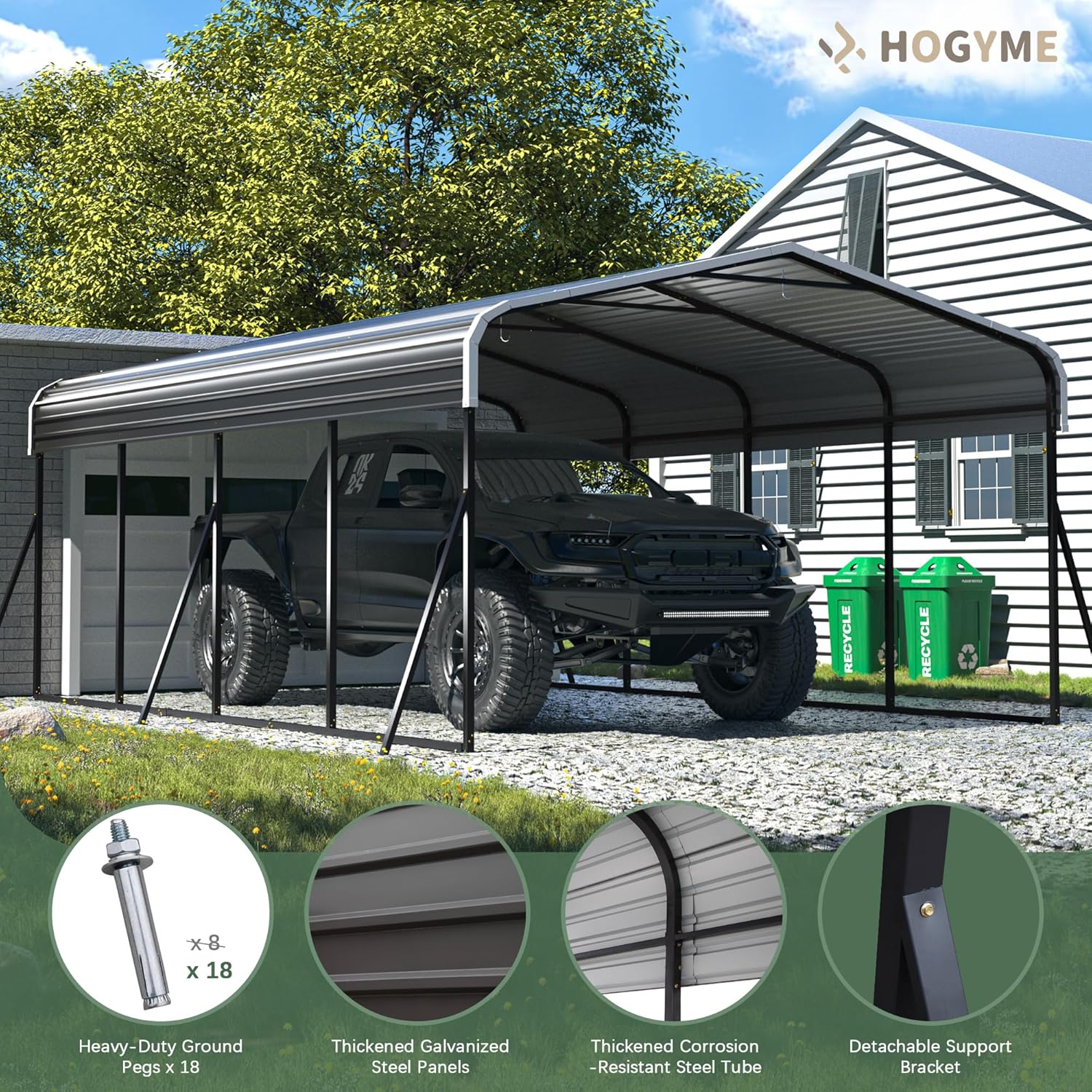 Carport 12x20 FT Heavy Duty Galvanized Steel Canopy for Car, Boat, Truck, Grey V55032