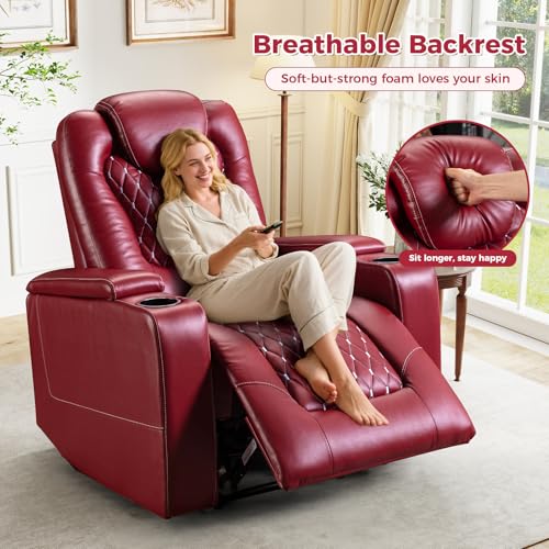 ANJ Power Recliner Chair with USB Ports and Cup Holders, PU Leather, Red R855581