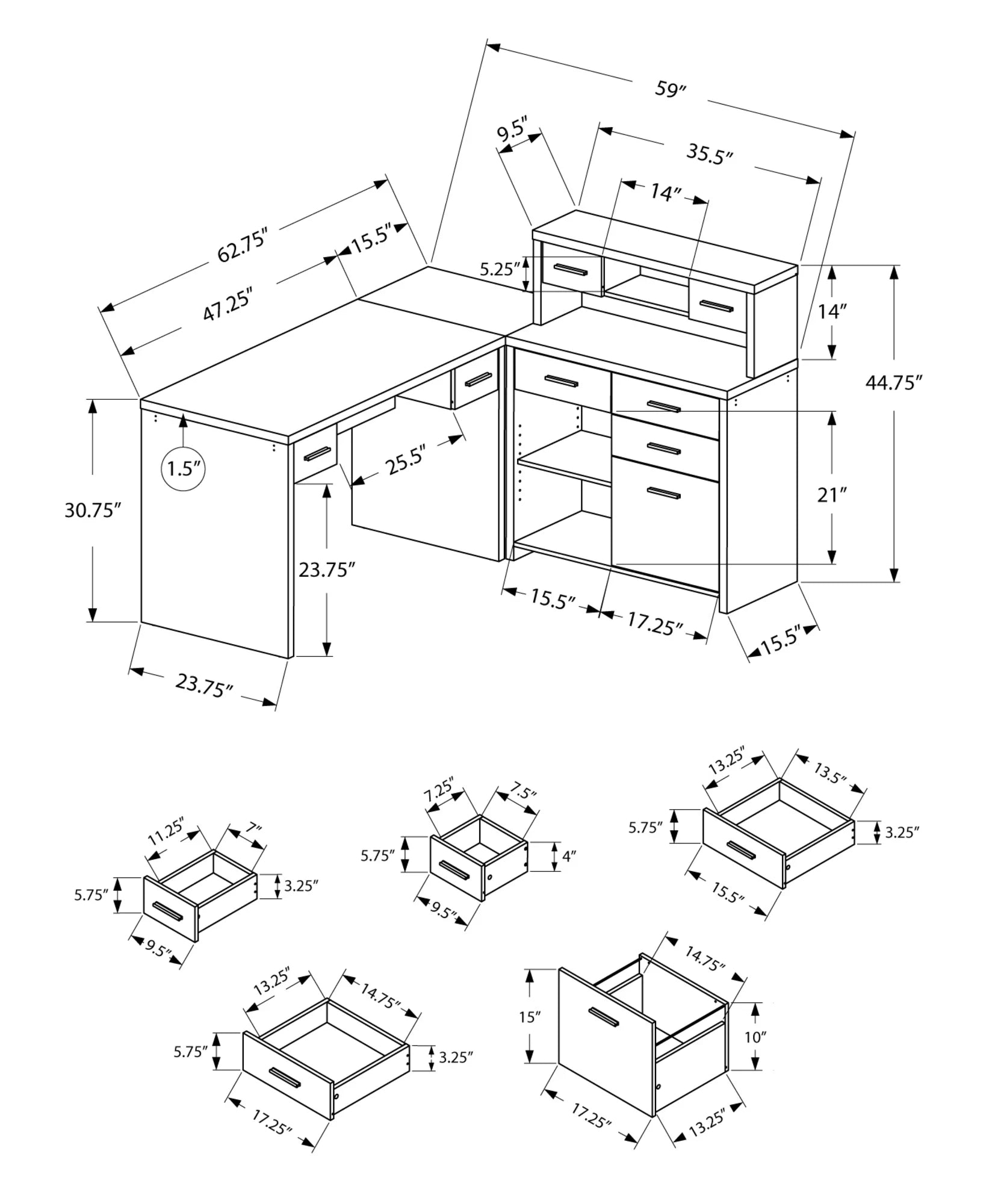 L-Shaped Computer Desk with 8 Drawers and Hutch, White H522757