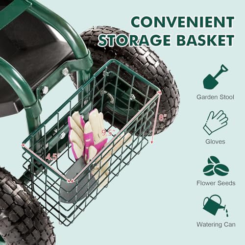 KINTNESS Garden Cart with Rolling Work Seat and Storage Basket, Blue G5904