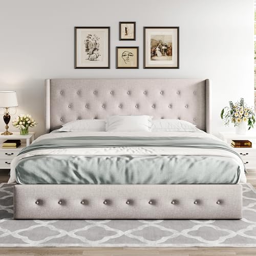 Allewie Full Size Lift Up Storage Bed with Wingback Headboard, Light Beige C85153