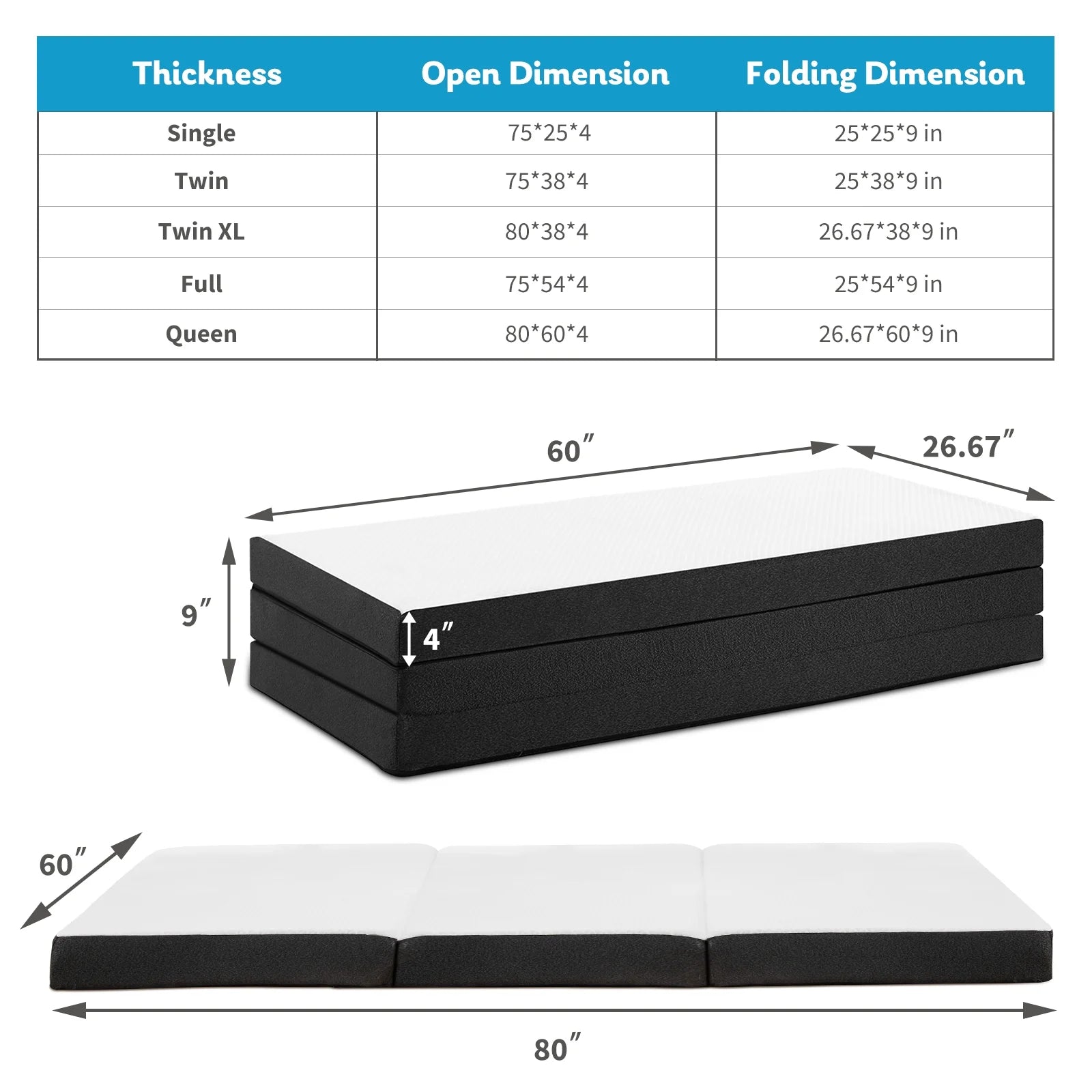 Smiaoer 3 Inch Folding Queen Memory Foam Mattress with Cover I9742