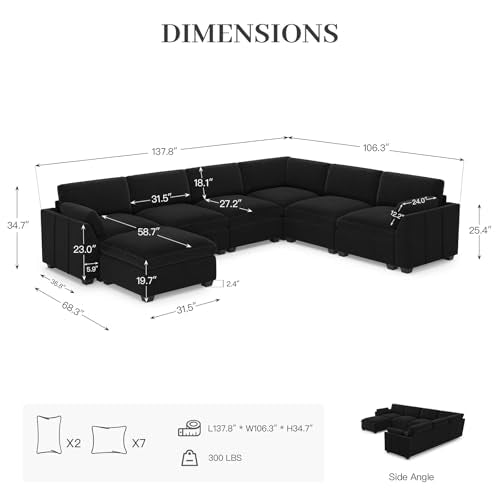 Belffin Extra Large Modular Sectional Sofa, 4-Seater L Shaped Velvet Couch, Black A1471