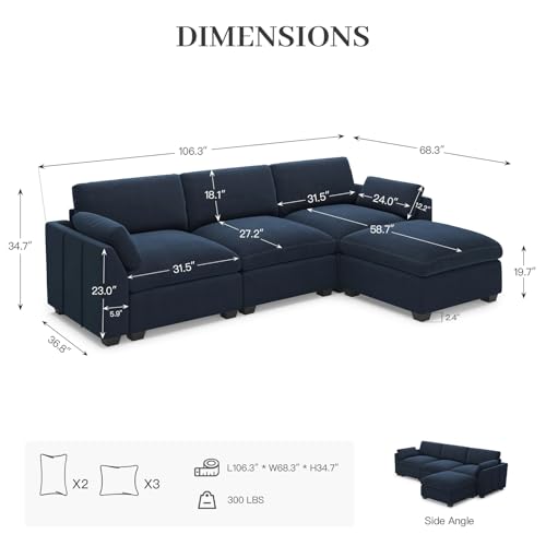 Belffin Extra Large Modular Sectional Sofa, 4-Seater L Shaped Velvet Couch, Black A1471