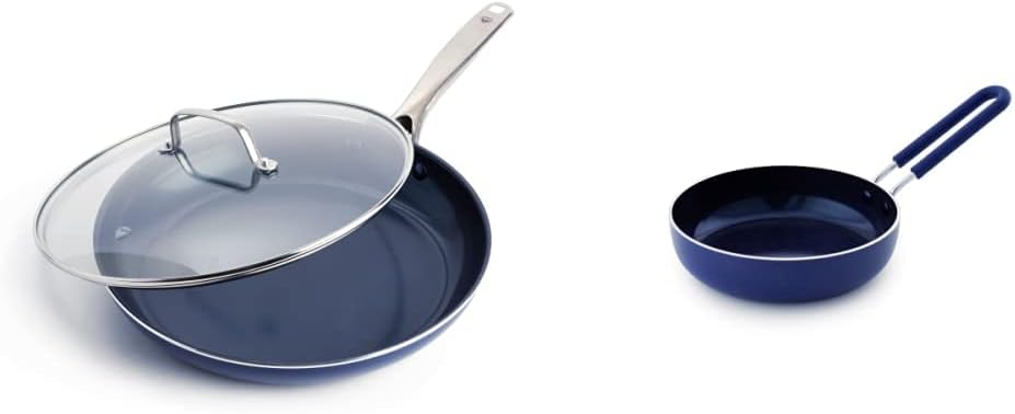 Blue Diamond Cookware Diamond Infused Ceramic Nonstick 12" Frying Pan Skillet with Lid, PFAS-Free, Dishwasher Safe, Oven Safe, Blue & Cookware Healthy Ceramic Nonstick Mini Egg Pan, Blue