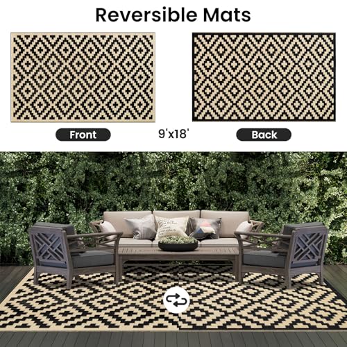 Smiry Waterproof Outdoor Rug 5x8 ft, Reversible Plastic Straw Patio Mat, Black & Beige P20186