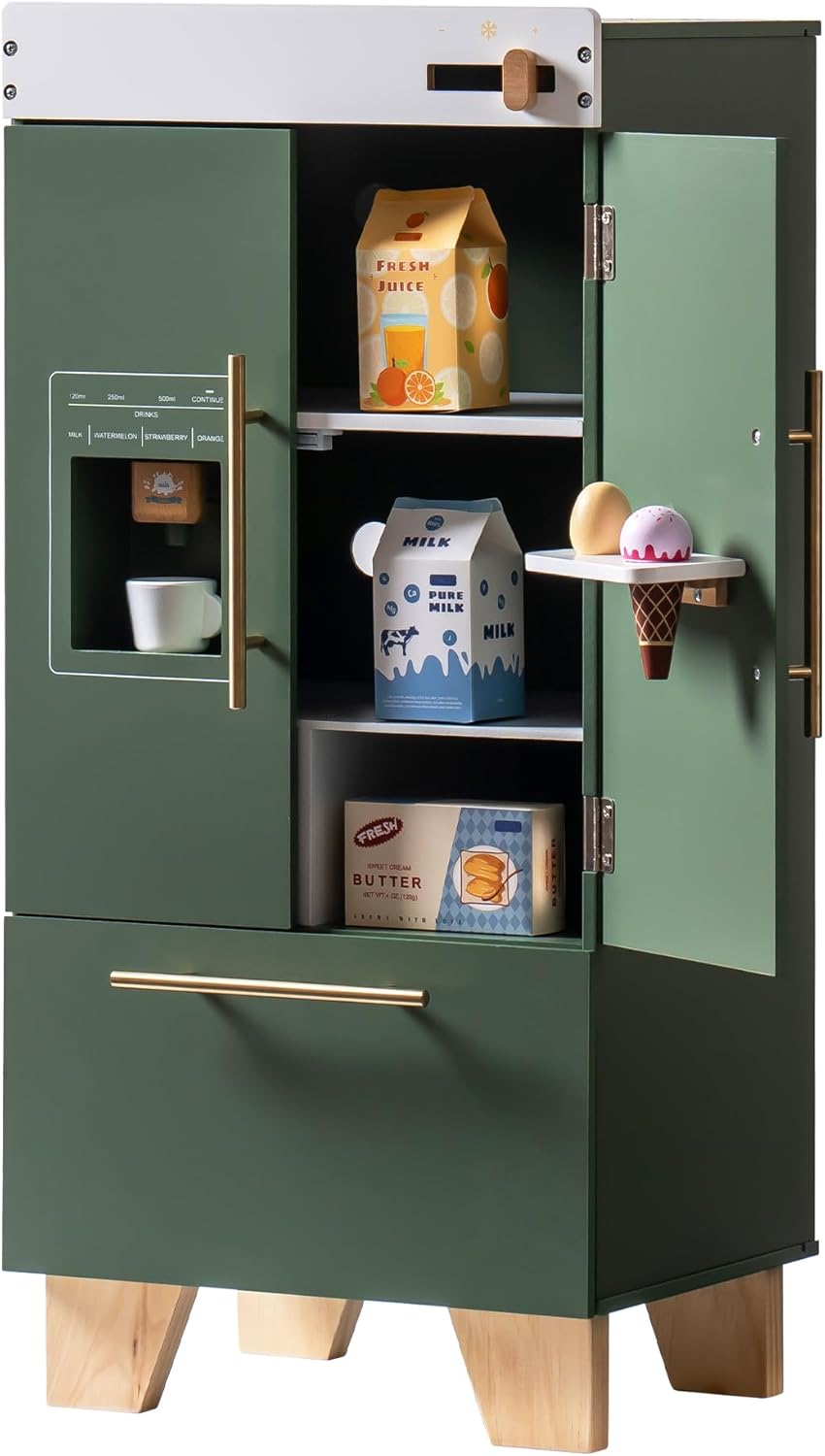 ROBOTIME Wooden Toy Fridge - Play Kitchen Set with Accessories, Vintage Green H96865