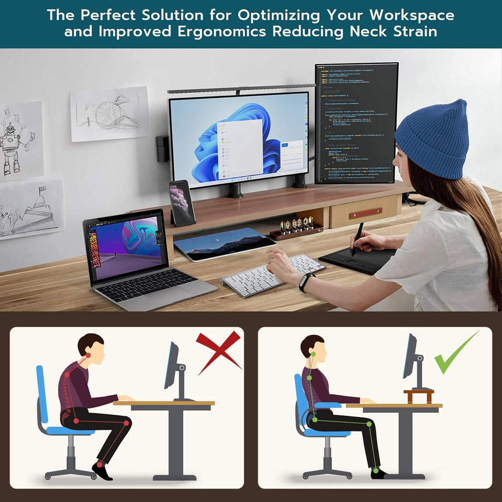 Dual Monitor Riser with Drawers, Sturdy Wood Stand for 2 Monitors N85730