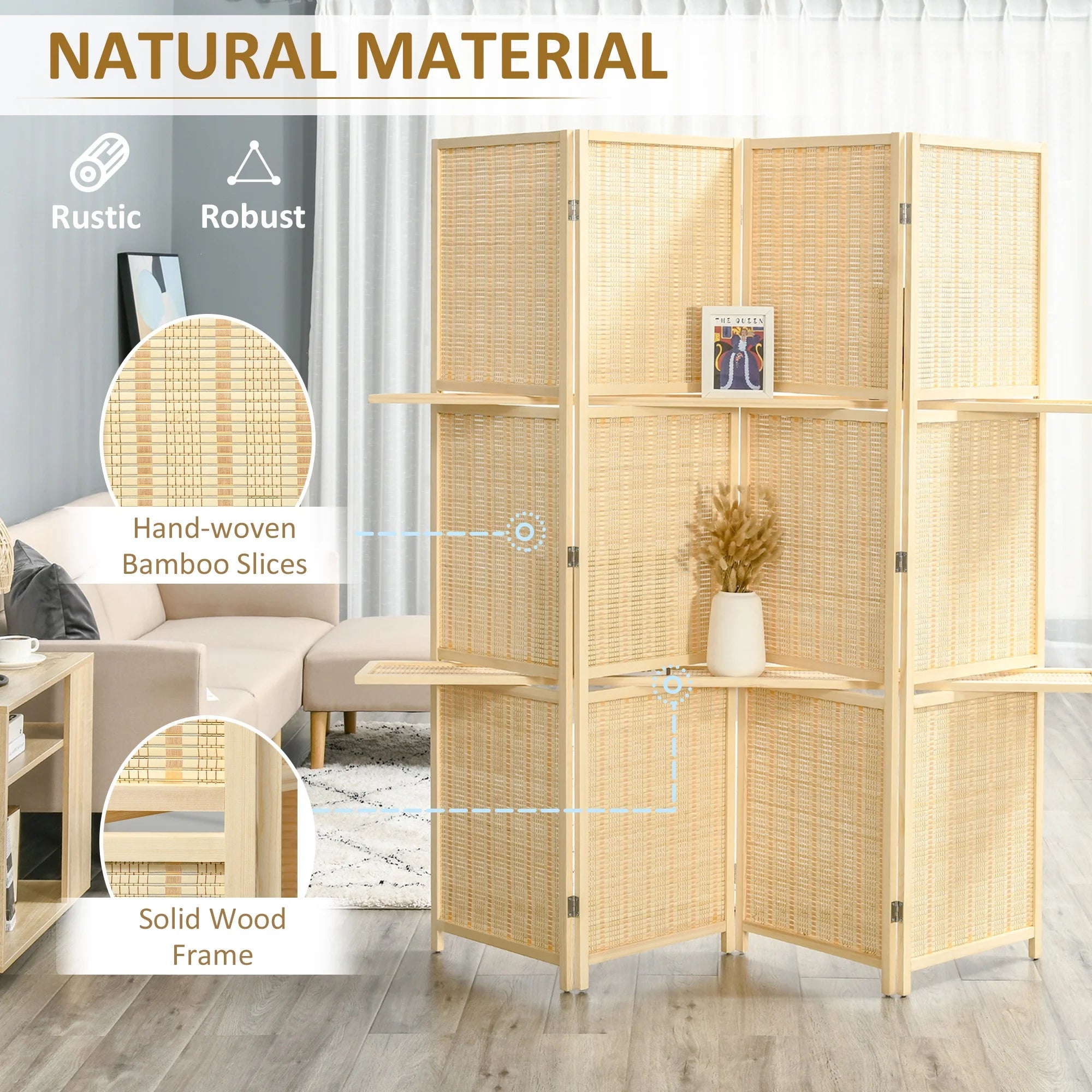 HOMCOM 4-Panel Folding Bamboo Room Divider with Storage Shelves, 6 Ft, Natural Wood H7331