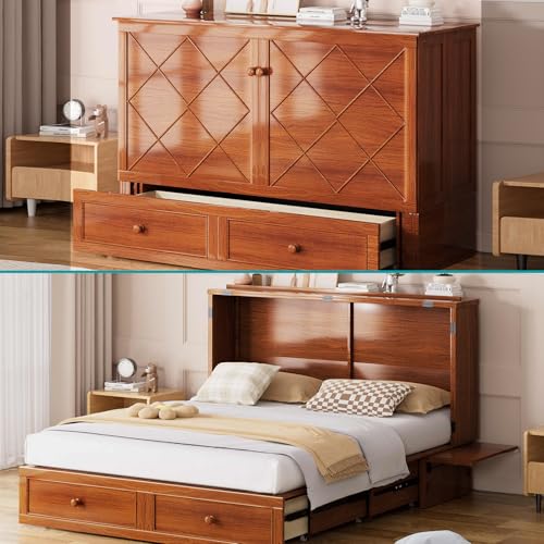 BALUS Murphy Bed Cabinet, 63" W Queen, Tri-fold Mattress, Cherry G595