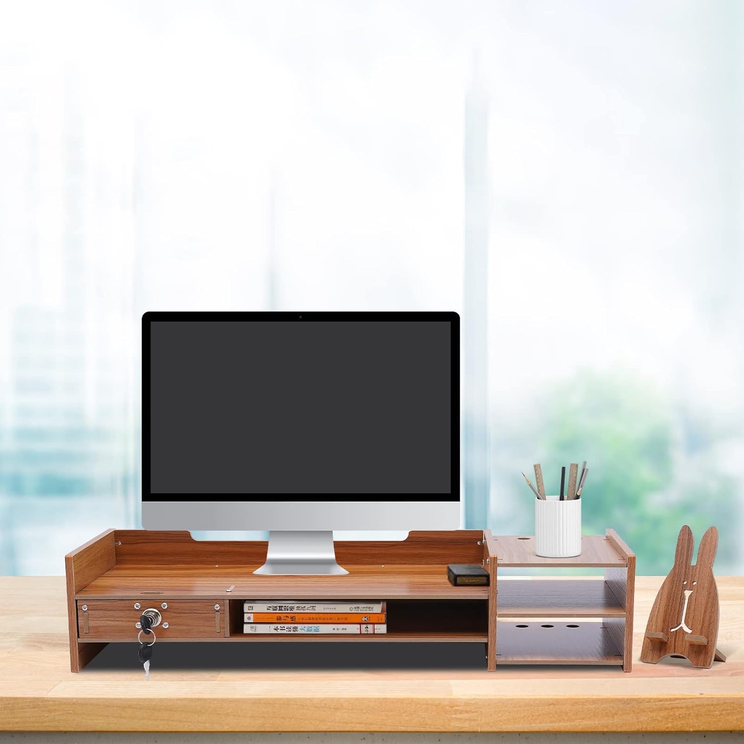 Wood Monitor Stand with Storage Drawers for Desk and Laptop O356726