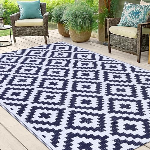 Smiry Waterproof Outdoor Rug 5x8 ft, Reversible Plastic Straw Patio Mat, Black & Beige P20186