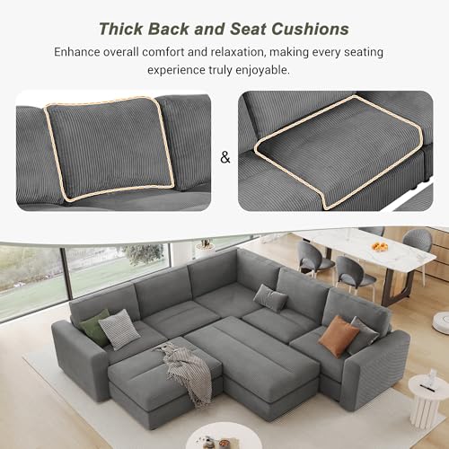 Merax 121.3" Sectional Corduroy Sofa Bed with Two Ottomans, Gray Q499