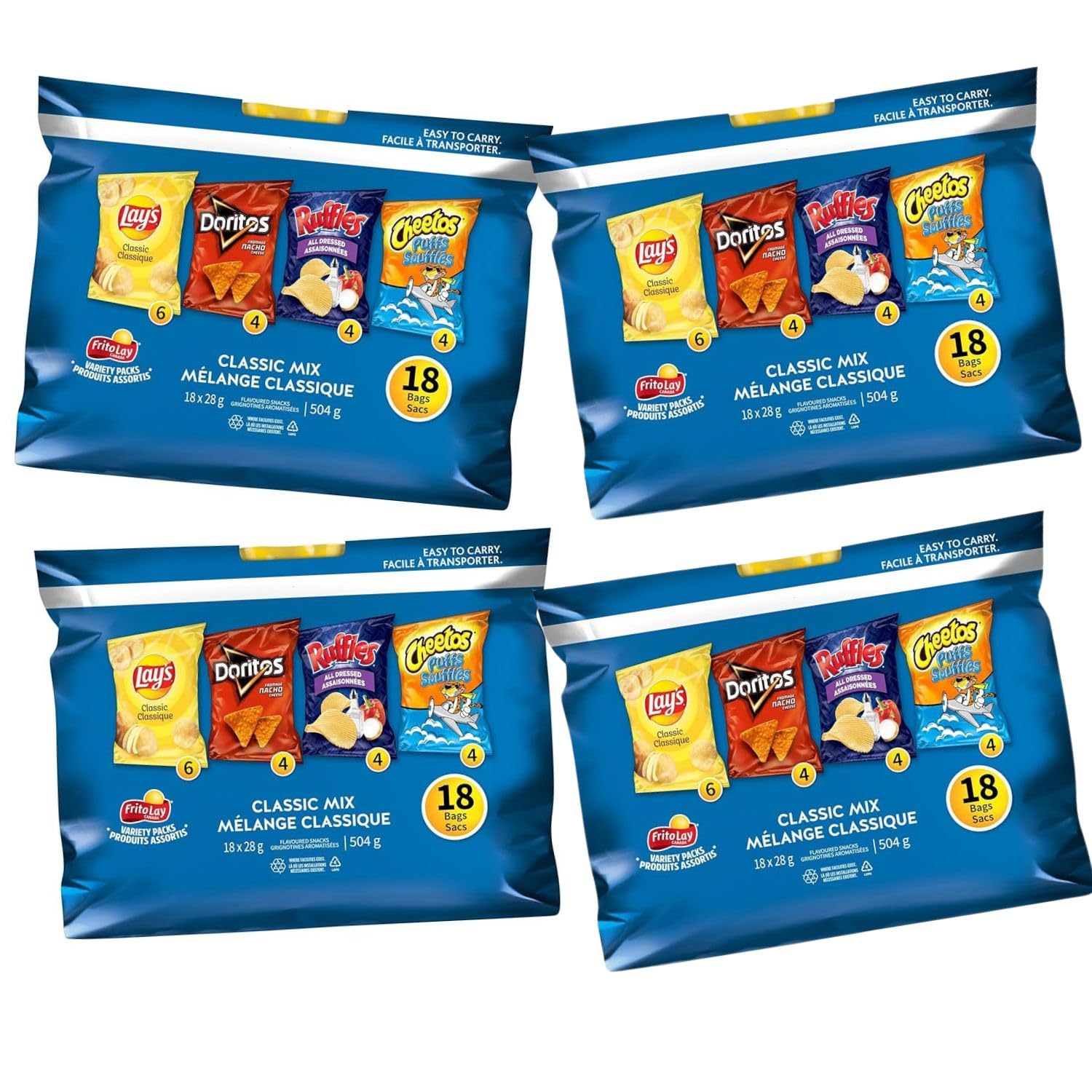Lays Classic Variety Mini Bags Pack, Lays, Ruffles, Doritos, Cheetos Chips, Pack of 4 (18ct x 28g/1 oz.) Shipped from Canada