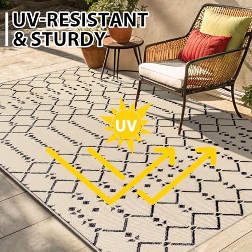 Smiry Waterproof Outdoor Rug 5x8 ft, Reversible Plastic Straw Patio Mat, Black & Beige P20186