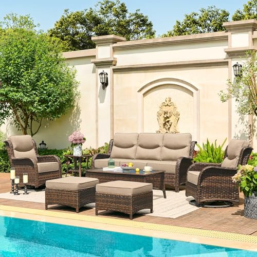 Luxury Patio Furniture Set 7PCS Wicker Conversation Set with Blue Cushions J5390