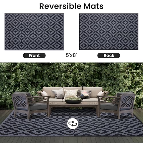 Smiry Waterproof Outdoor Rug 5x8 ft, Reversible Plastic Straw Patio Mat, Black & Beige P20186